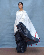 Colourblind Black & White Handblock Print Cotton Saree - MIS