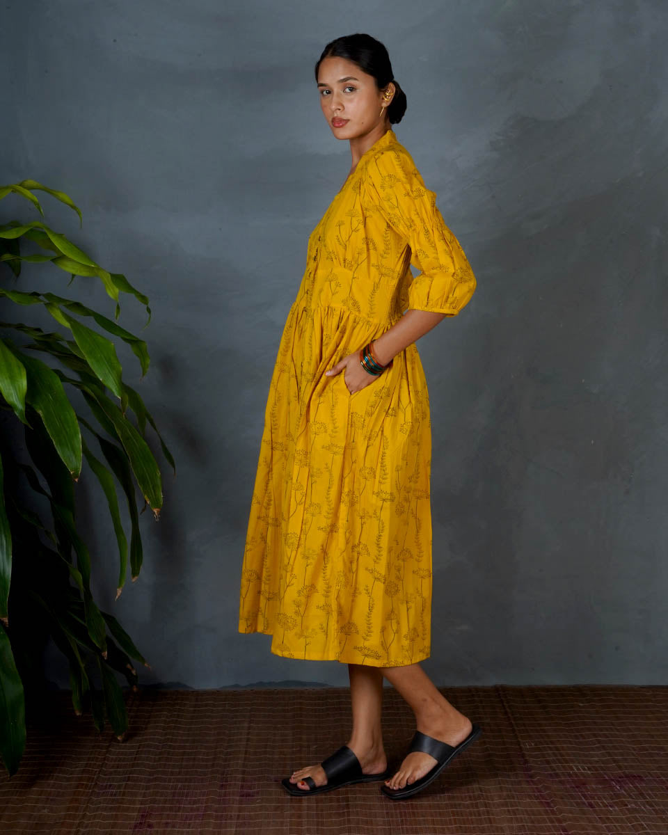 Ziya Yellow Hand Block Printed Dress-MYA