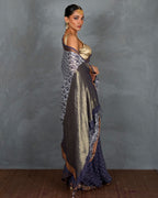 Prabha Blue With White Handblock Linen Saree - TARA