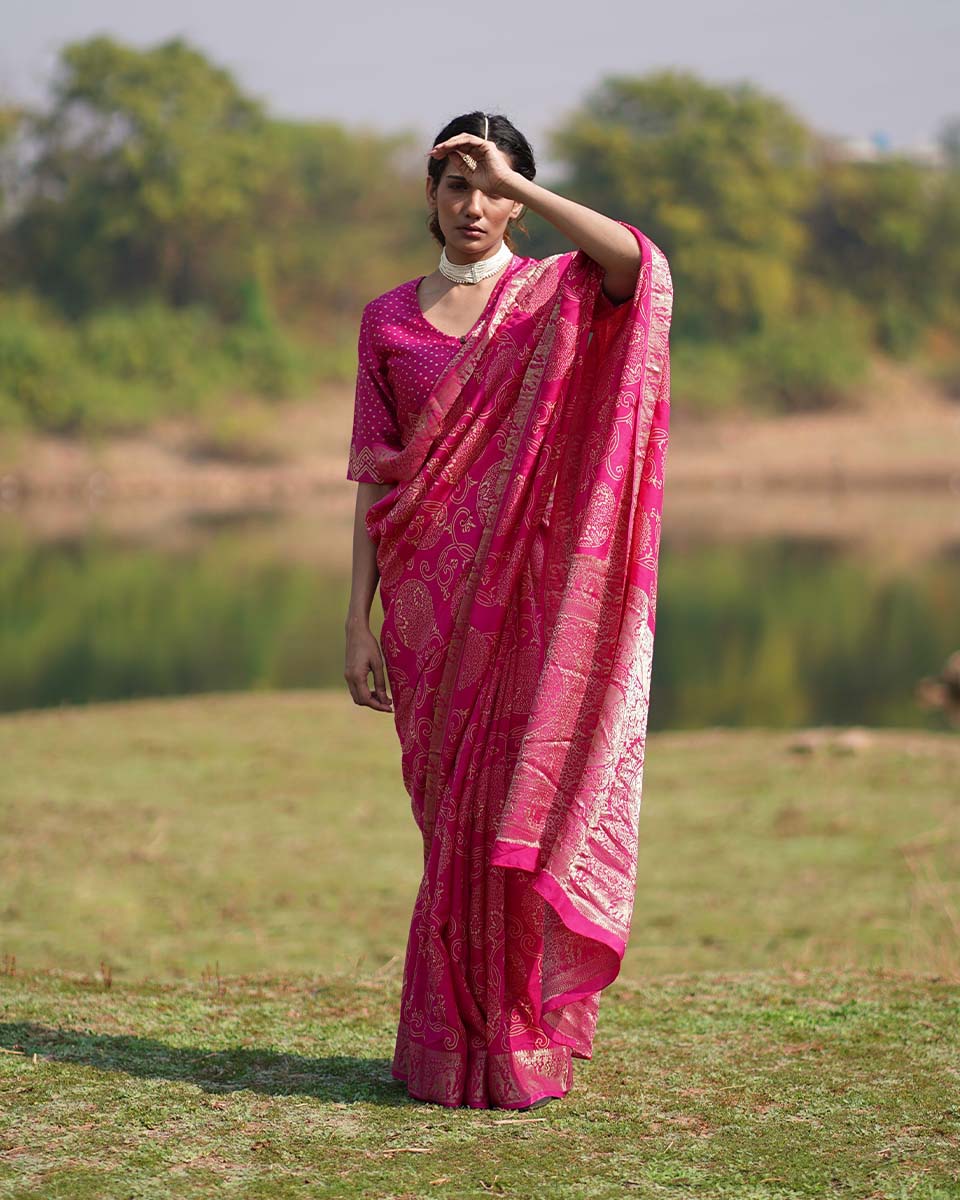Visakha Pink Block printed Dola Silk Saree - RB