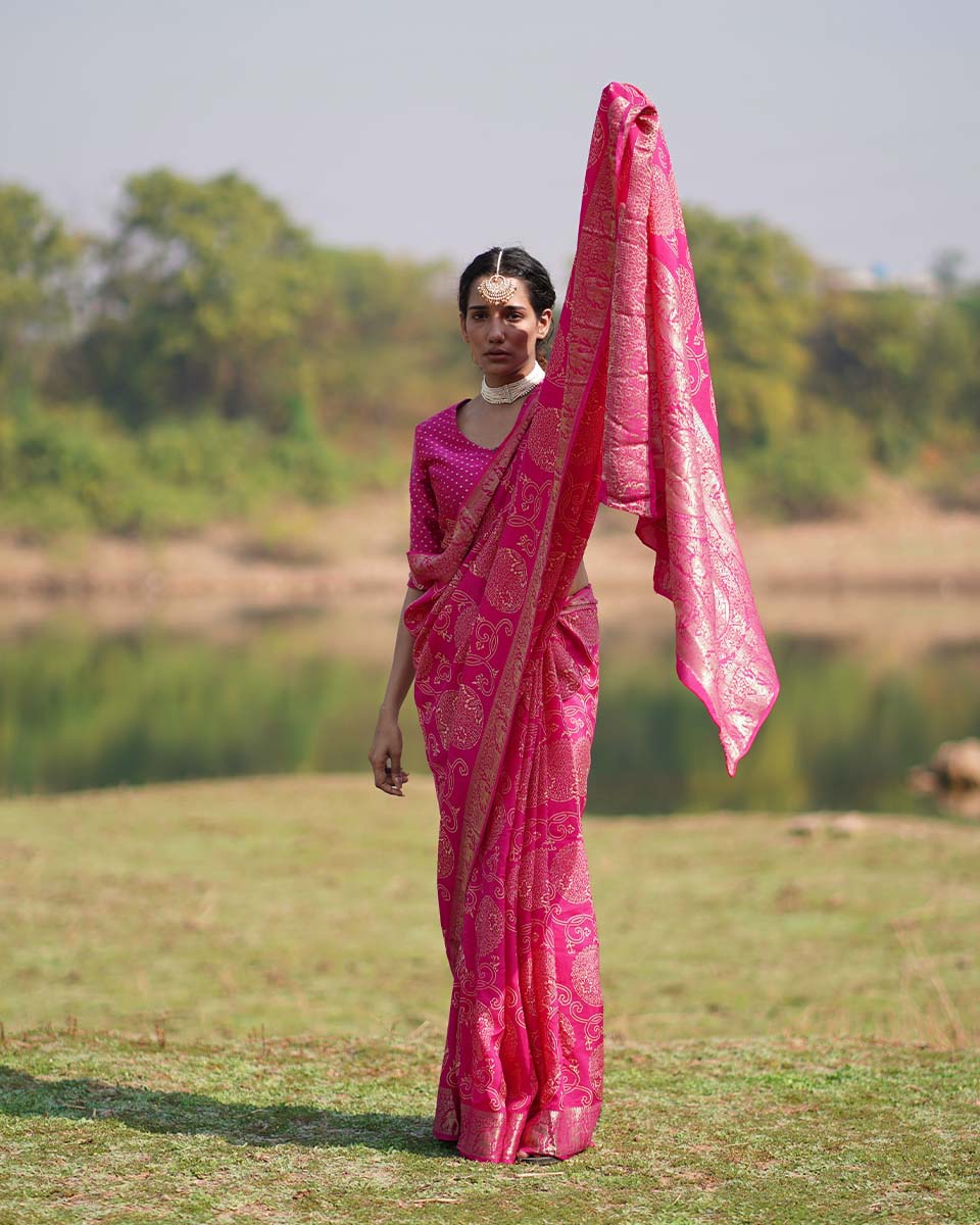 Visakha Pink Block printed Dola Silk Saree - RB