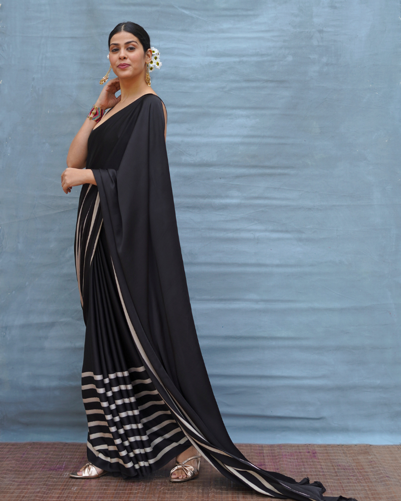 Airy Fold Black Handblock Print Modal Silk Saree - Flow