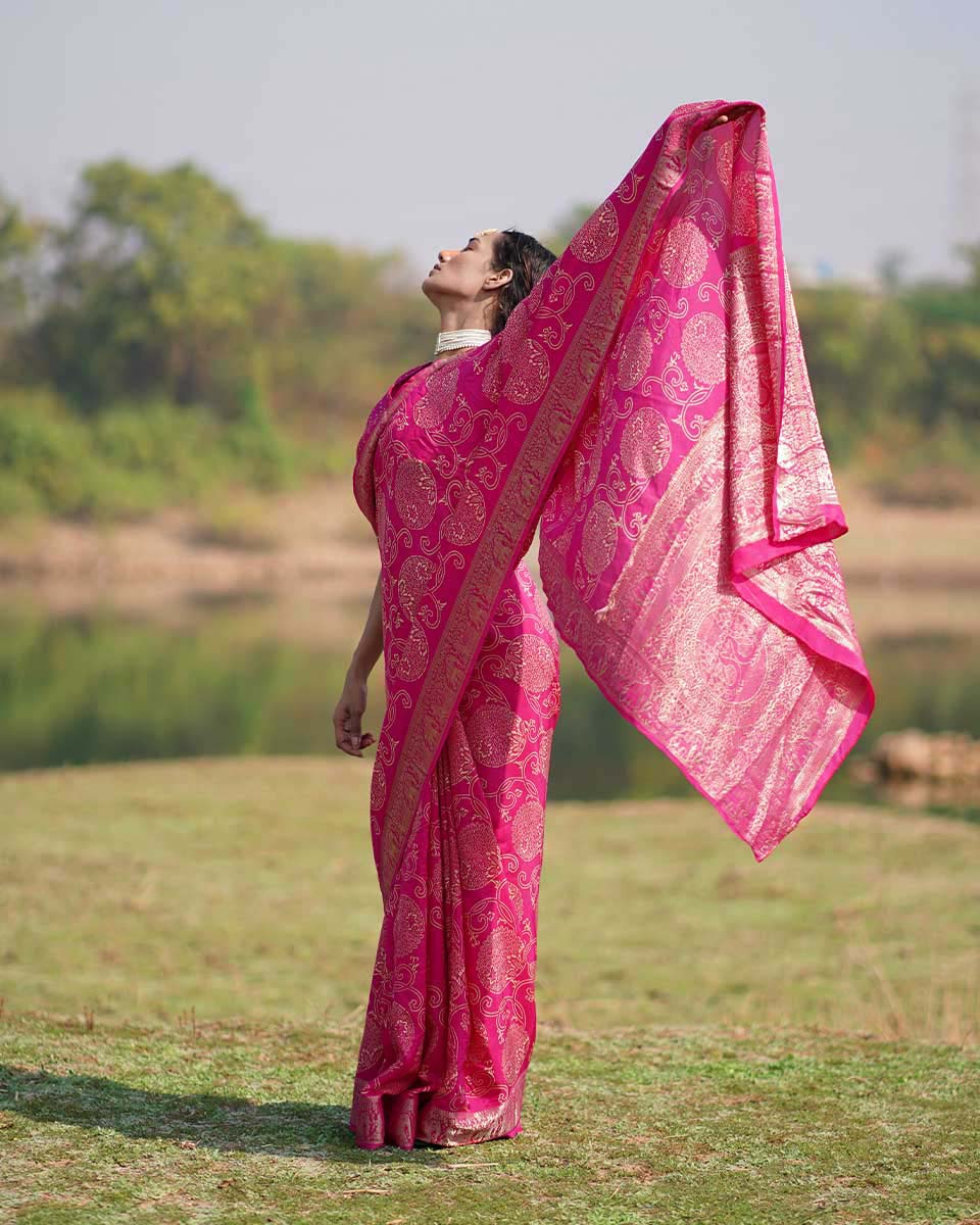 Visakha Pink Block printed Dola Silk Saree - RB