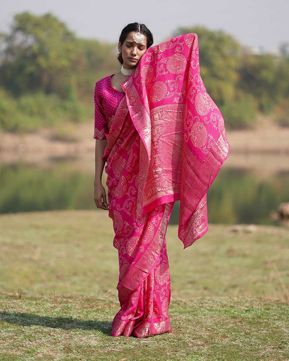 Visakha Pink Block printed Dola Silk Saree - RB
