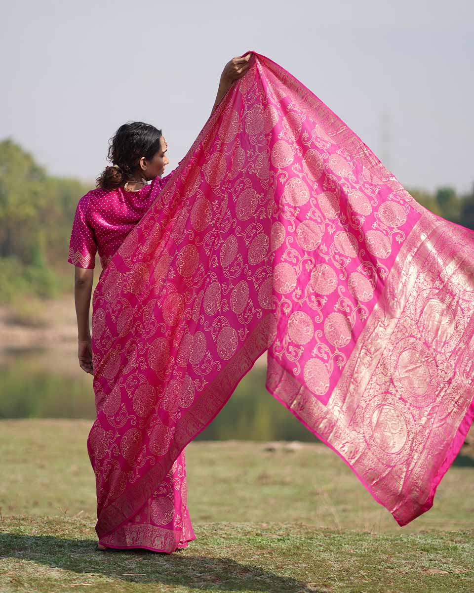 Visakha Pink Block printed Dola Silk Saree - RB