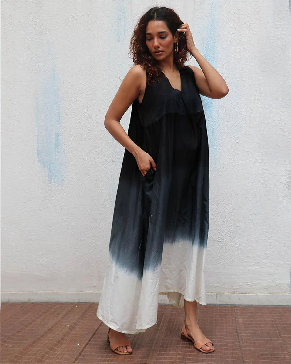 Blackberry Matcha Handblock Printed Cotton Dress - Mono