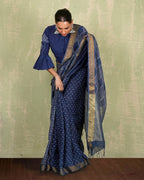 Sandhya Blue Handblock Print Linen Saree - INDI