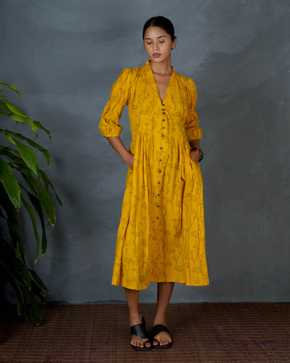 Ziya Yellow Hand Block Printed Dress-MYA