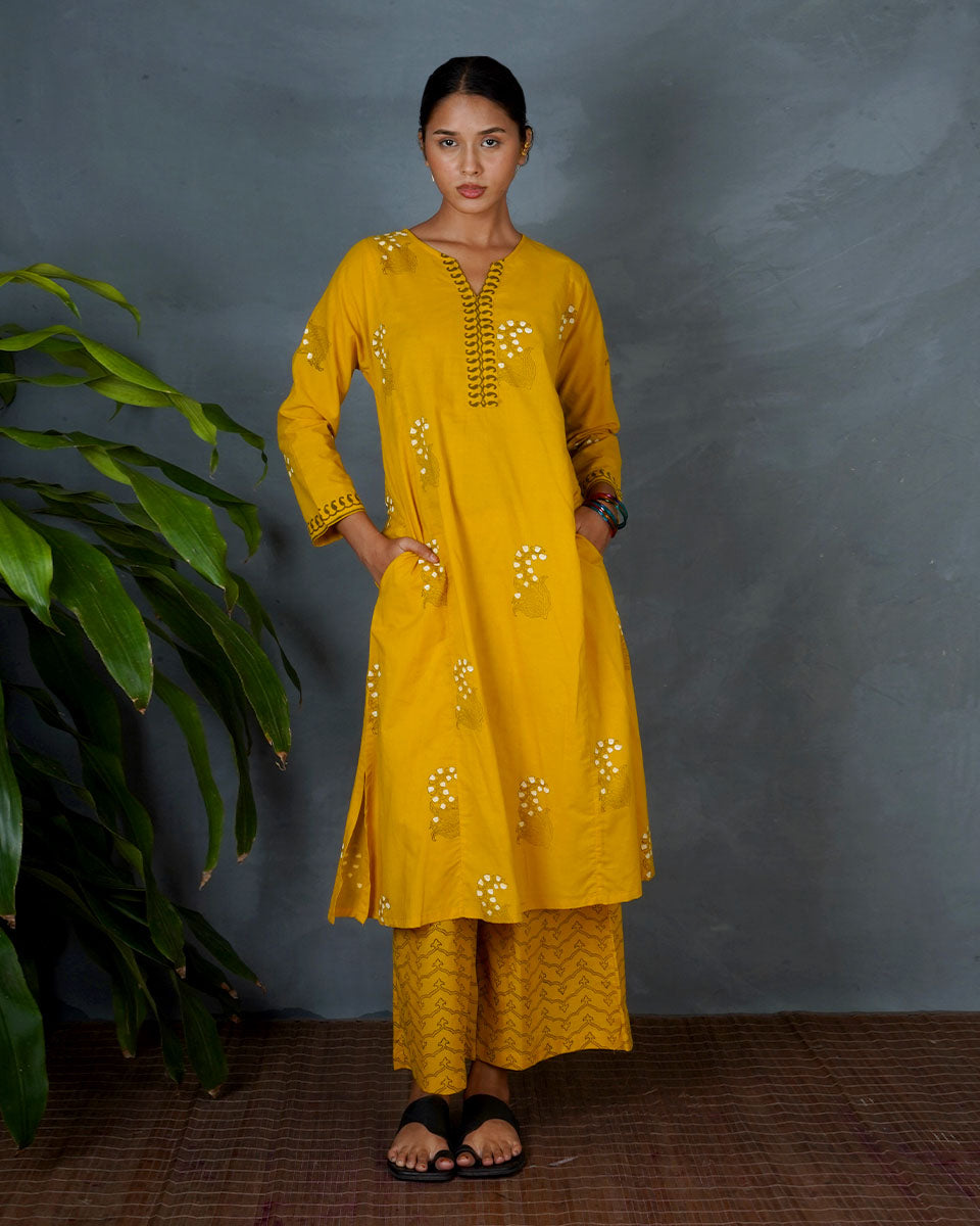 Kyra Yellow Hand Block Printed Kurta -MYA
