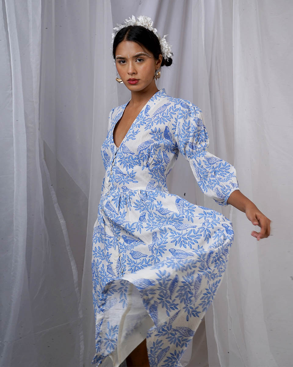 Neyra Ivory Blue Hand Block Printed Dress-BAD
