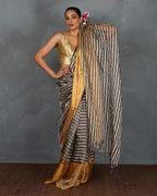 Burn Soft Silver With Black Strip Handwoven Linen Saree - TARA