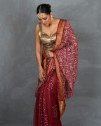 Urvi Maroon Handblock Linen Saree - TARA