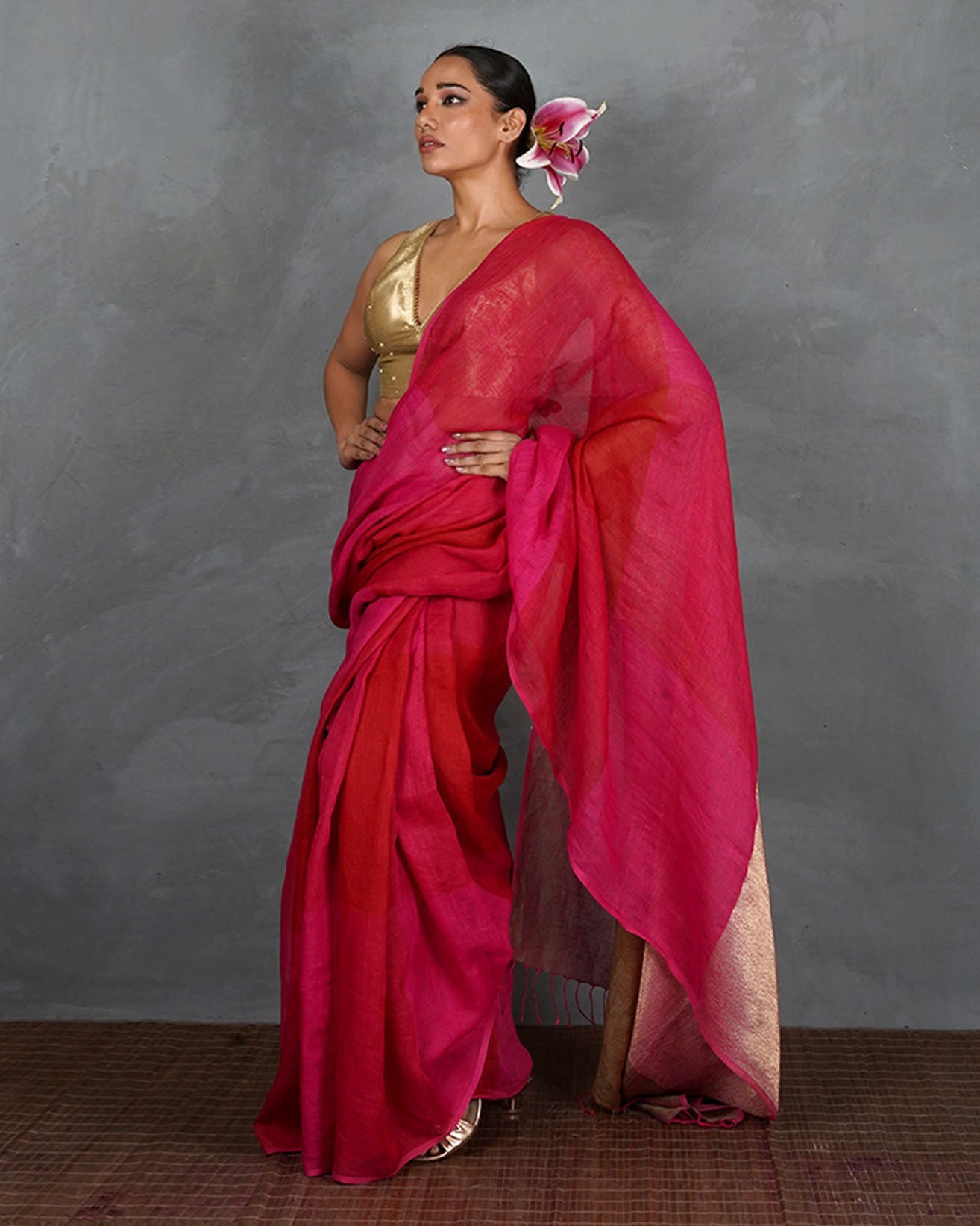 Inner Glow Red With Pink Handwoven Linen Saree - TARA