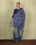 Sandhya Blue Handblock Print Linen Saree - INDI