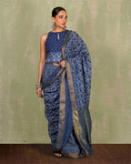 Malavi Blue Handblock Print Linen Saree - INDI