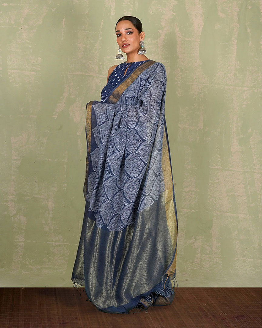 Malhari Blue Handblock Print Linen Saree - INDI