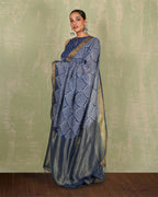 Malhari Blue Handblock Print Linen Saree - INDI