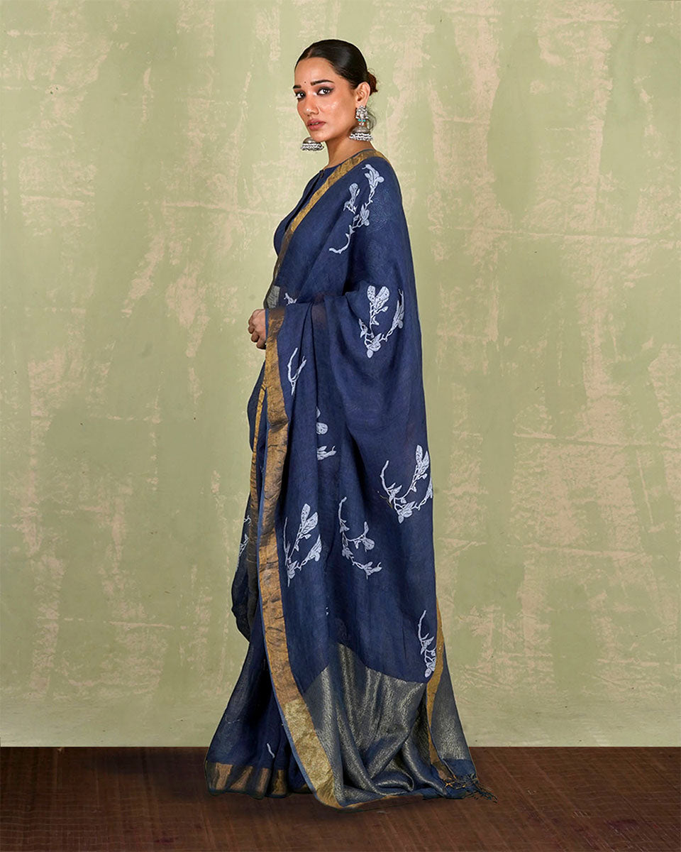 Purva Blue Handblock Print Linen Saree - INDI