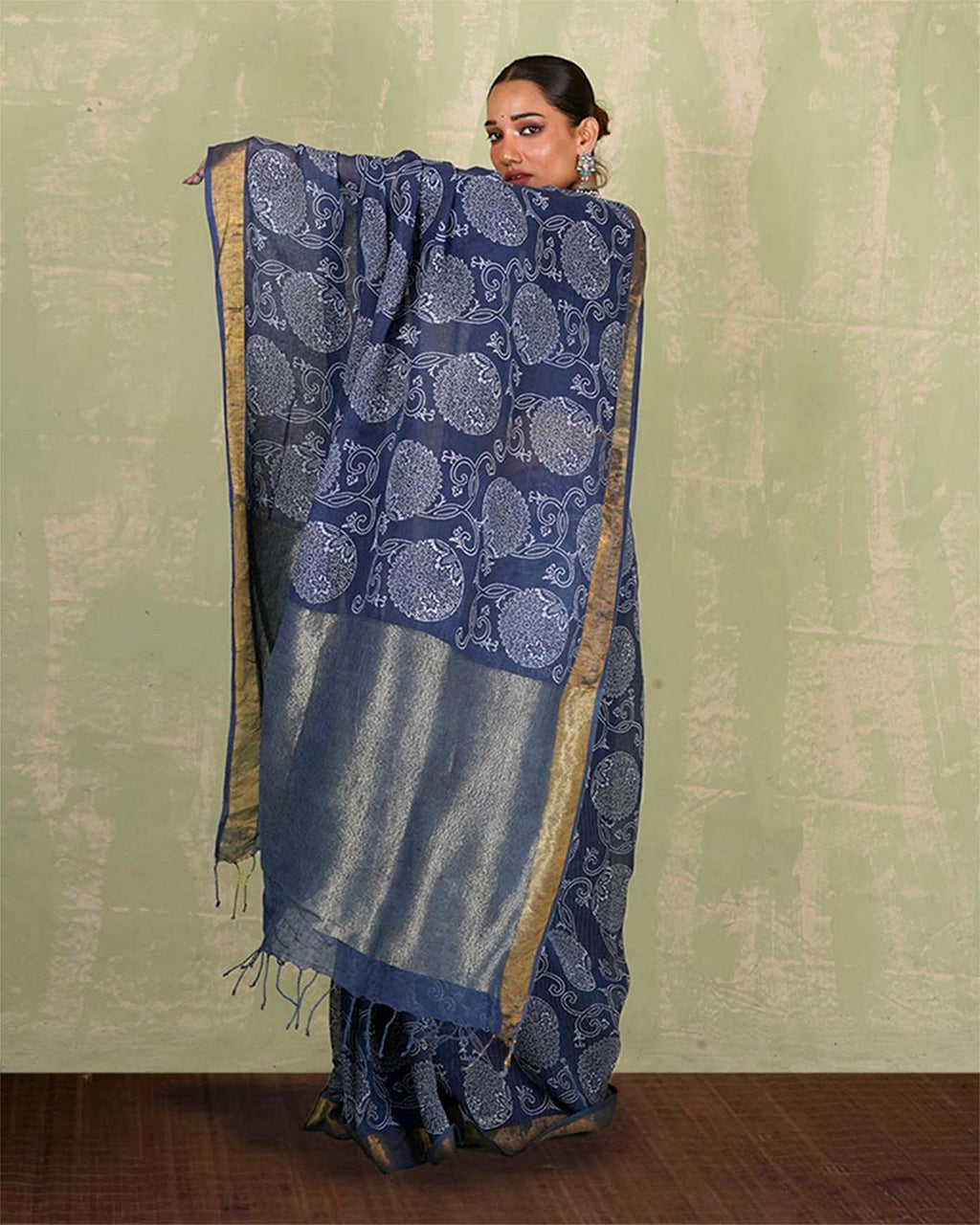 Rahi Blue Handblock Print Linen Saree - INDI