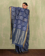 Rahi Blue Handblock Print Linen Saree - INDI