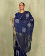 Rasiya Blue Handblock Print Linen Saree - INDI