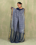 Sanjh Tarini Blue Handblock Print Linen Saree - INDI