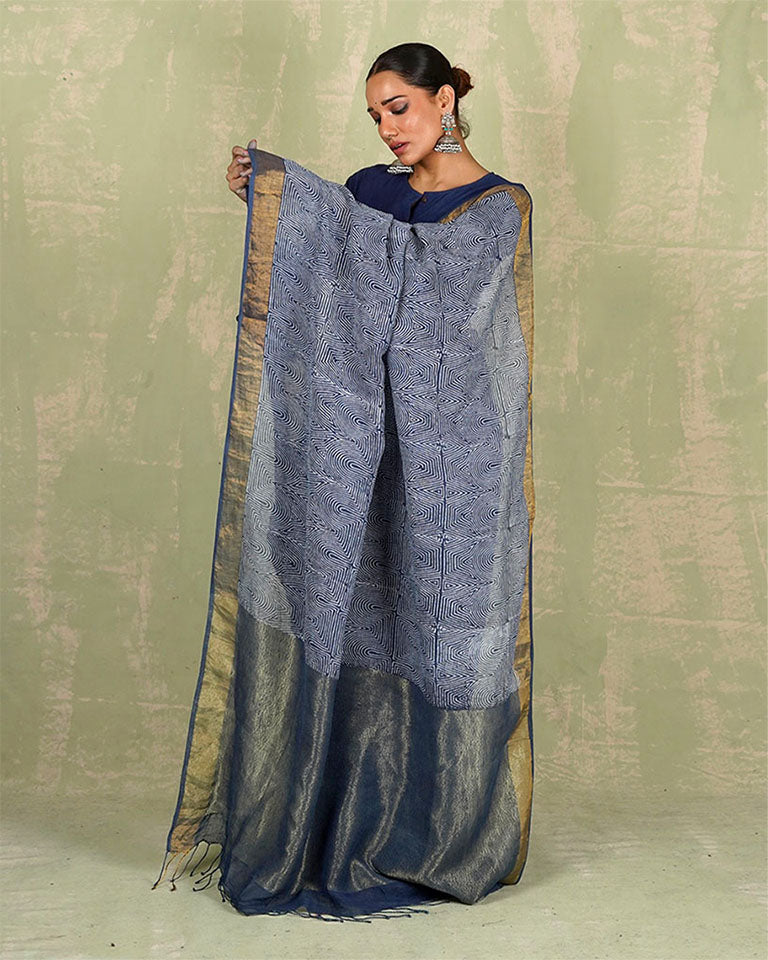 Sanjh Tarini Blue Handblock Print Linen Saree - INDI