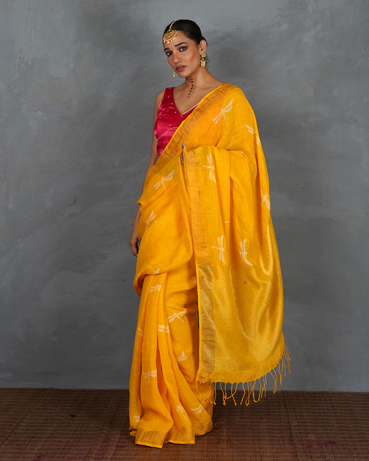 Roshni Yellow Handblock Linen Saree - TARA