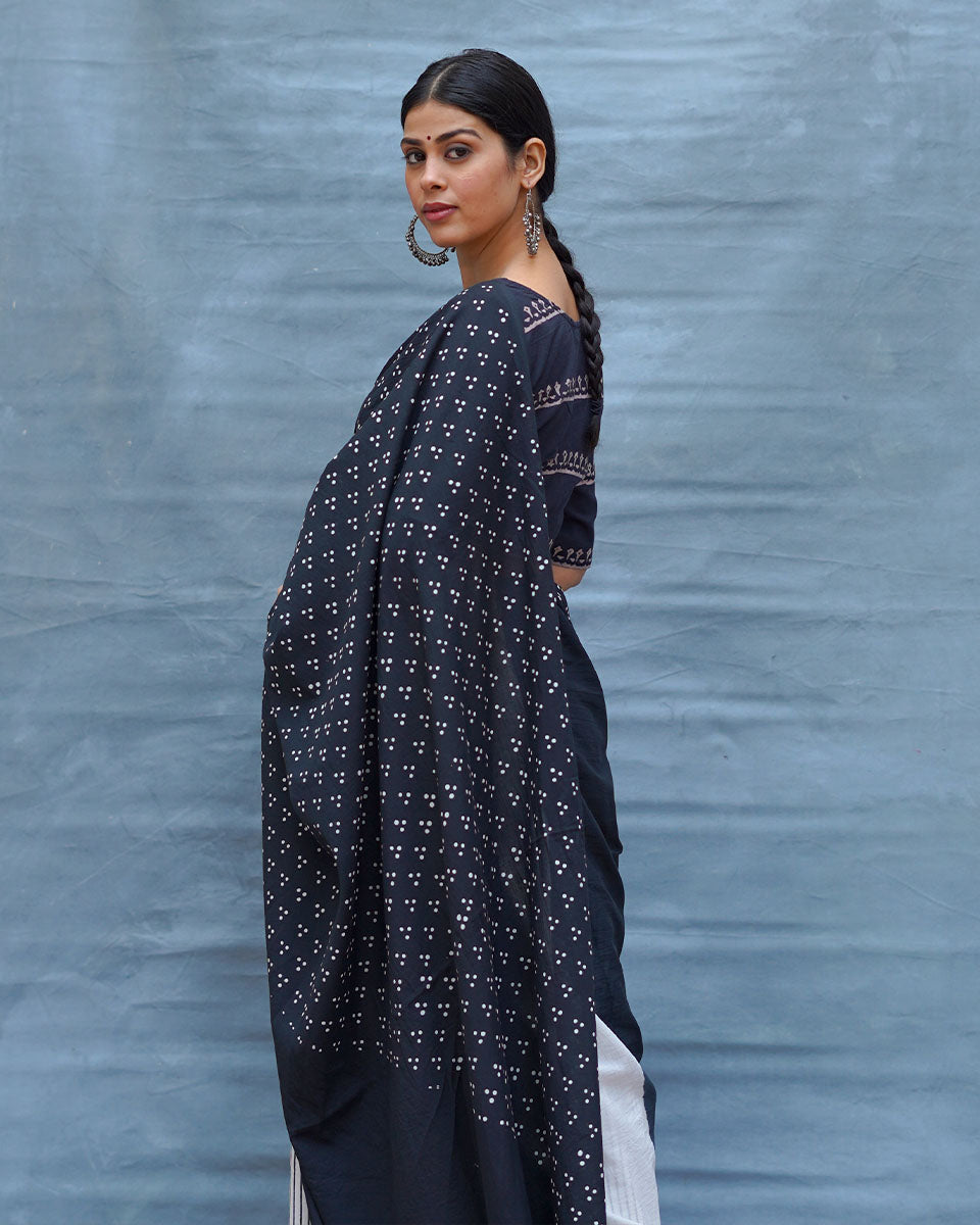 Monochrome Magic Black & White Handblock Print Cotton Saree - MIS