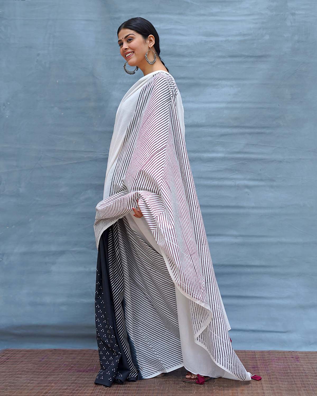 B&W Muse Black & White Handblock Print Cotton Saree - MIS