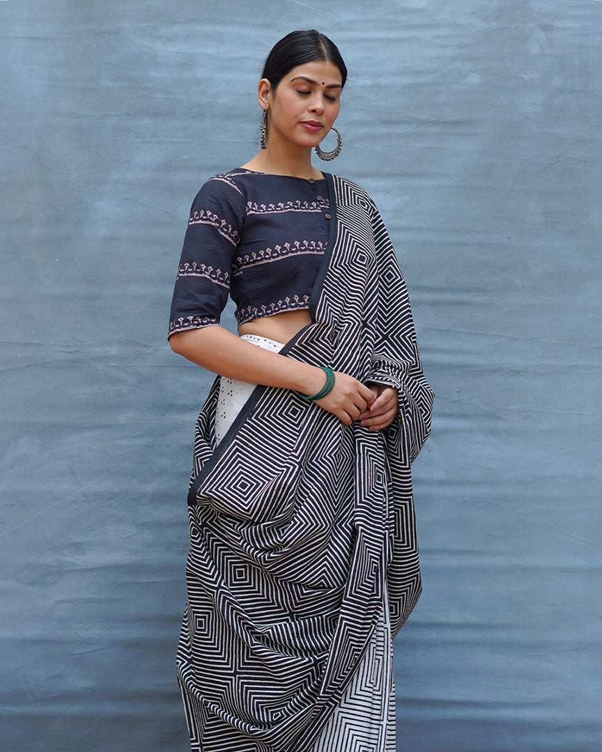 Vintage Muse Black & White Handblock Print Cotton Saree - MIS