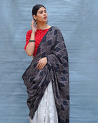 Black & White Tale Handblock Print Cotton Saree - MIS