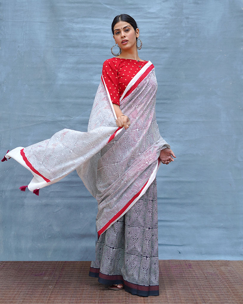 Vintage Poem Black & White Handblock Print Cotton Saree - MIS