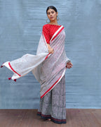 Vintage Poem Black & White Handblock Print Cotton Saree - MIS