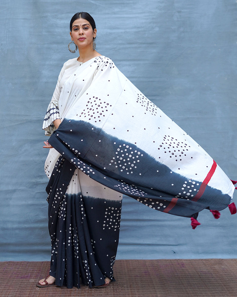 Colourblind Black & White Handblock Print Cotton Saree - MIS