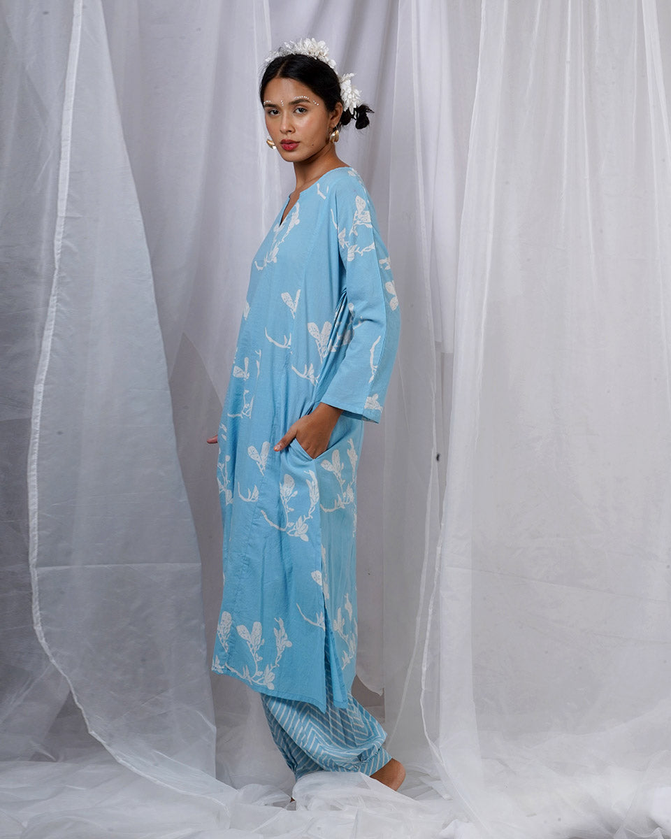 Tia Blue Hand Block Printed Kurta Set-BAD