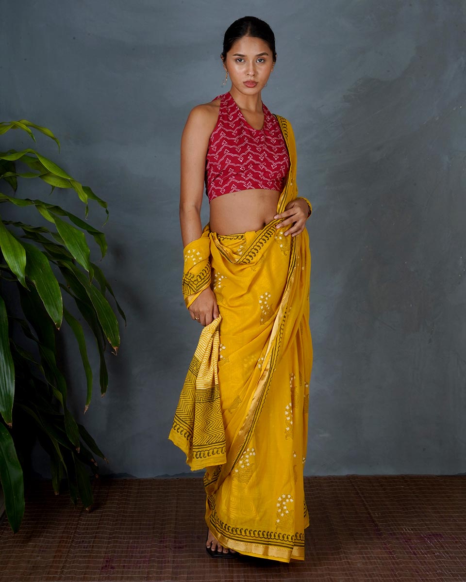 Mriga Yellow Hand Block Printed Saree-MYA