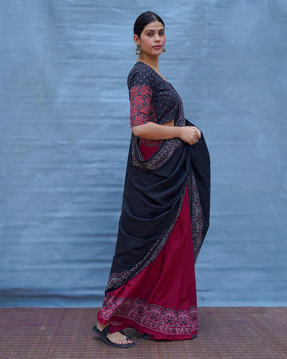 Binodini Black With Maroon Handblock Printed Cotton Saree - Soil