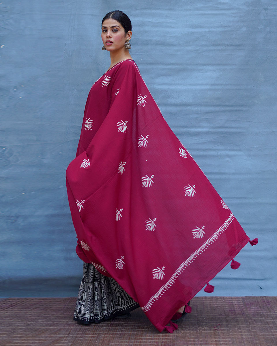 Charulata Maroon Handblock Printed Cotton Saree - Soil