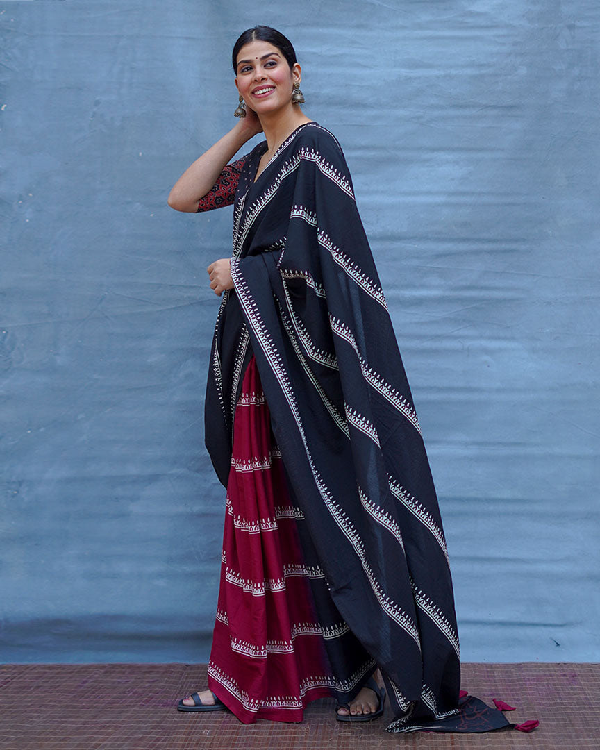 Mrinal Black With Maroon Handblock Printed Cotton Saree - Soil