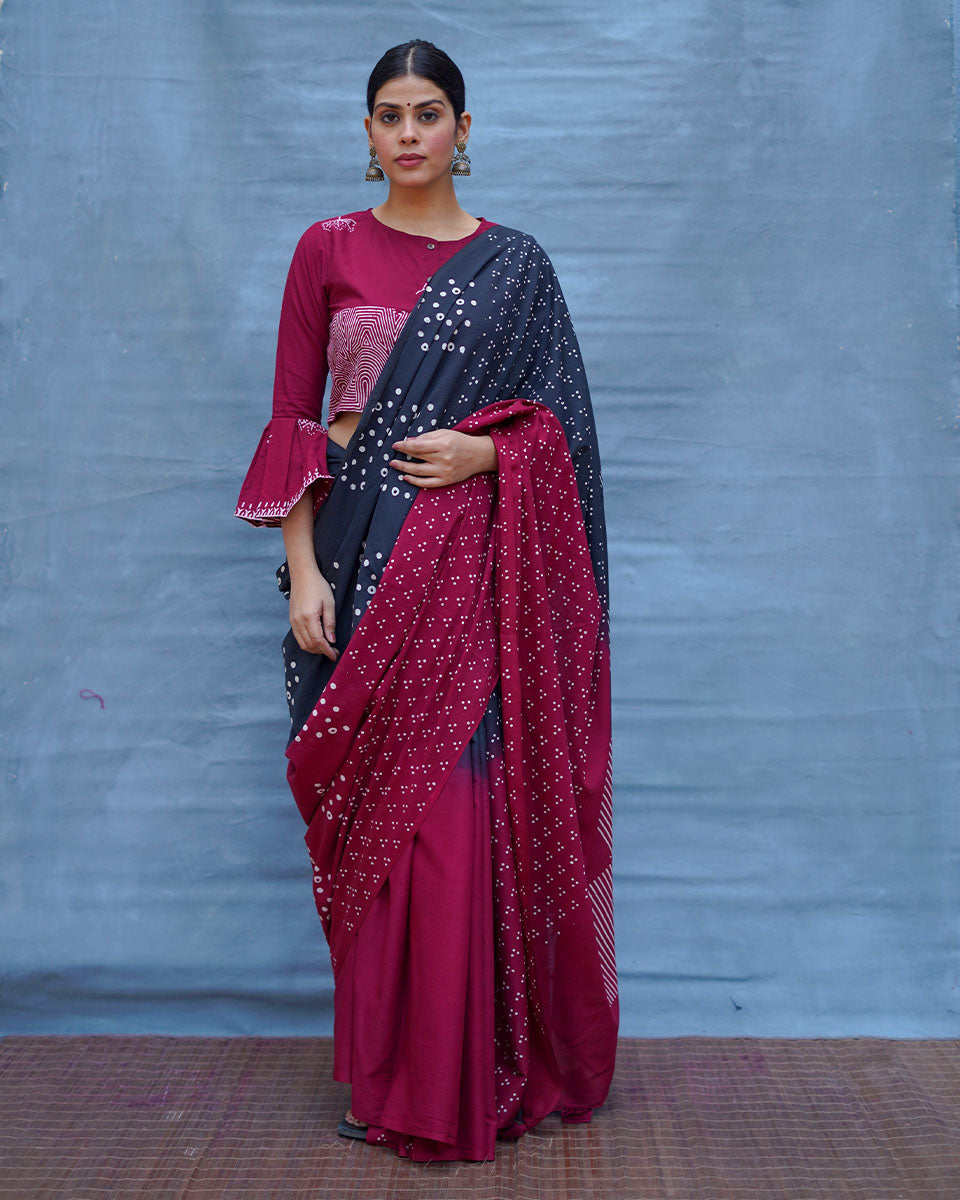 Nandini Maroon With Black Handblock Printed Cotton Saree - Soil