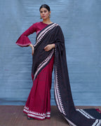 Mrinmoyee Maroon With Black Handblock Printed Cotton Saree - Soil