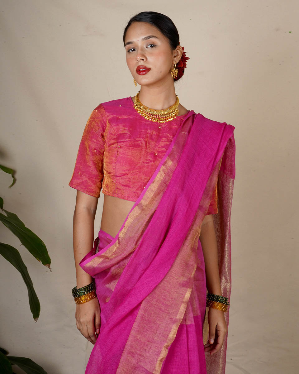 Ujjwala Pink Handwoven Linen Zari Saree - Eknoor