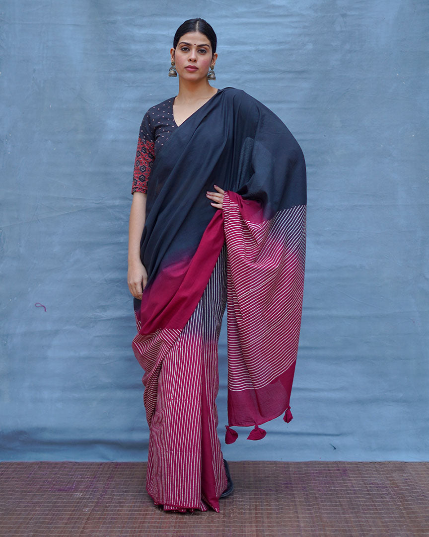 Bimala Black With Maroon Handblock Printed Cotton Saree - Soil