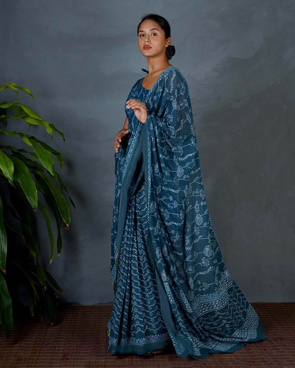 Sia Teal Green Hand Block Printed Saree-MYA