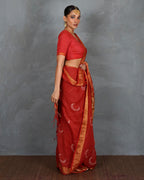 Taraani Red Handblock Linen Saree - TARA