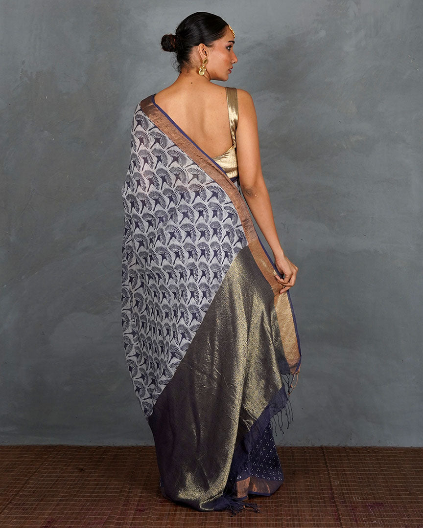 Prabha Blue With White Handblock Linen Saree - TARA