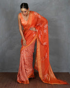 Meher Orange Handblock Linen Saree - TARA