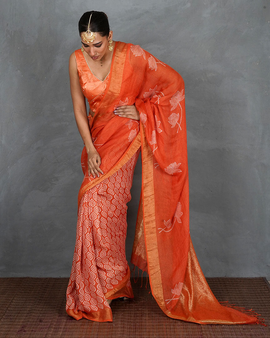 Meher Orange Handblock Linen Saree - TARA
