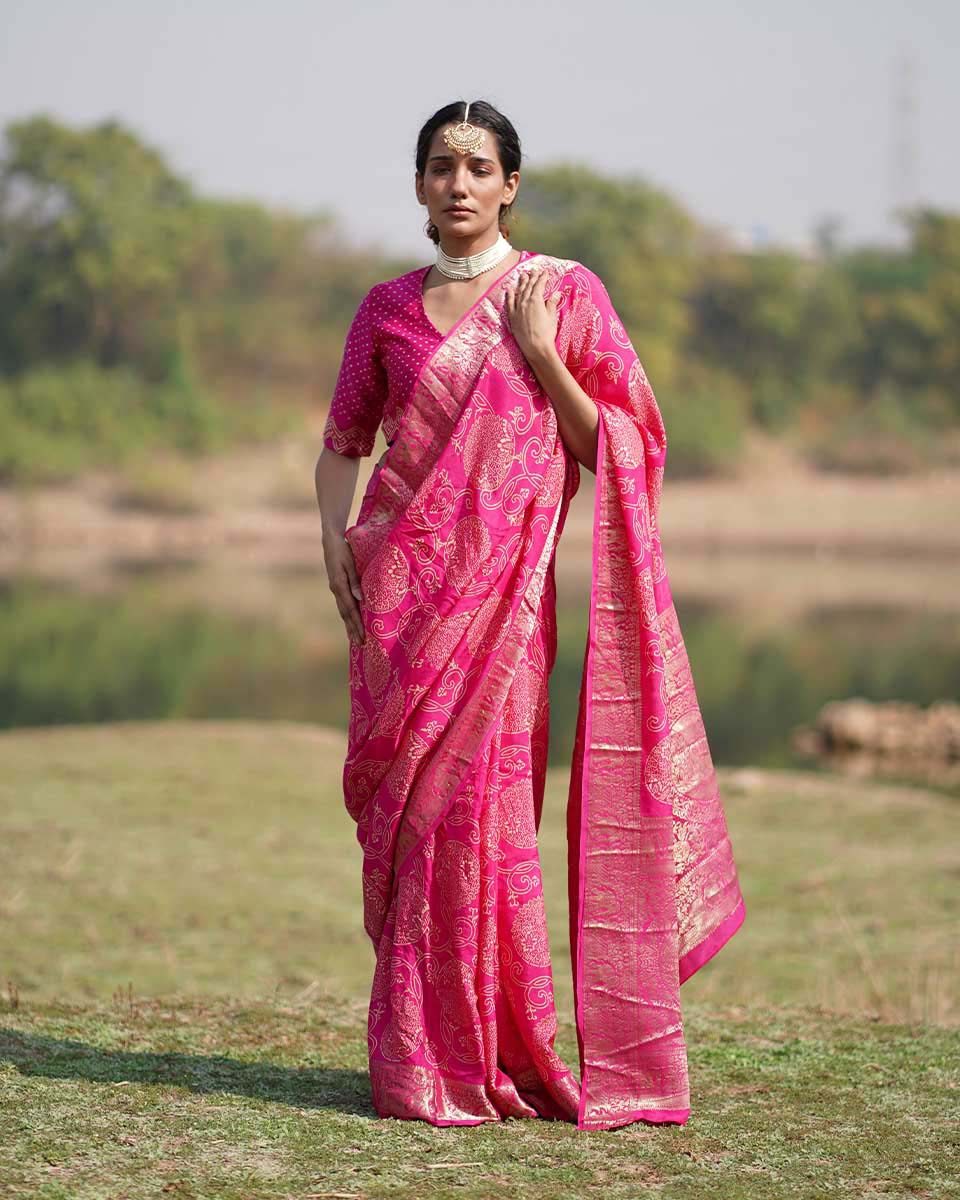 Visakha Pink Block printed Dola Silk Saree - RB
